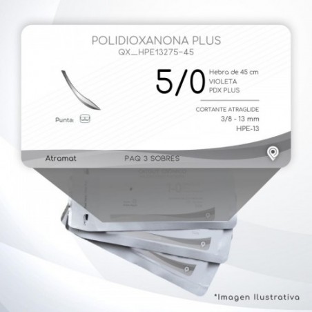 HPE13275-45 5/0 Aguja 3/8 - 13 mm  CORTANTE ATRAGLIDE HPE-13 Hebra de 45 cm Tejidos difícil cicatrización C/3 piezas