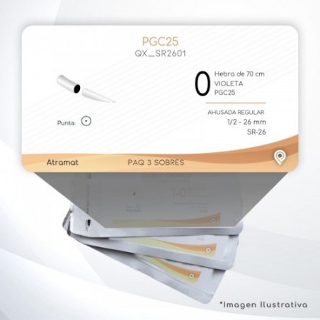SR2601 0 Aguja 1/2 - 26 mm  AHUSADA REGULAR  SR-26 Hebra de 70 cm Tejidos cicatrizan Medianamente C/3 piezas
