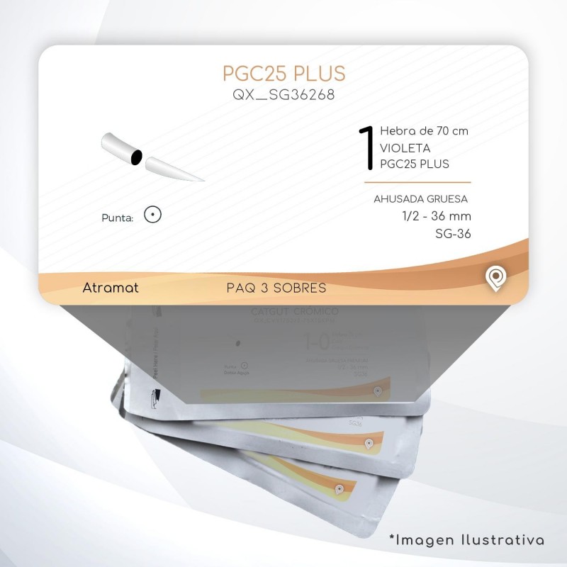 SG36268 1 Aguja 1/2 - 36 mm  AHUSADA GRUESA  SG-36 Hebra de 70 cm Tejidos cicatrizan Medianamente C/3 piezas