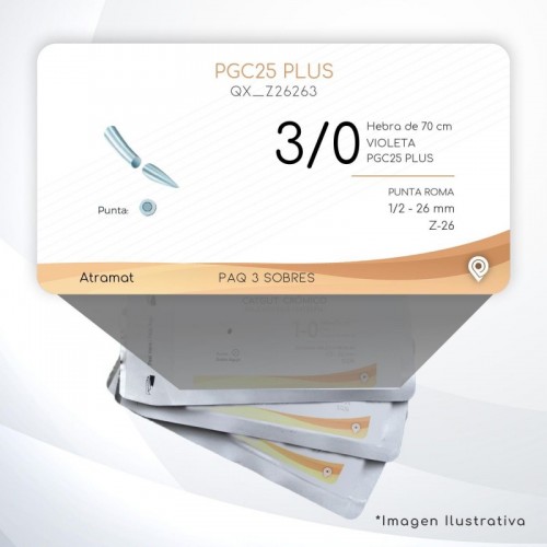 Z26263 3/0 Aguja 1/2 - 26 mm  PUNTA ROMA Z-26 Hebra de 70 cm Tejidos cicatrizan Medianamente C/3 piezas