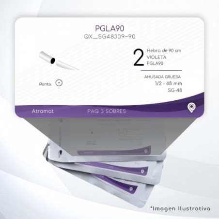 SG48309-90 2 Aguja 1/2 - 48 mm  AHUSADA GRUESA  SG-48 Hebra de 90 cm Cirugía General