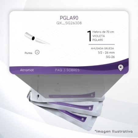 SG26308 1 Aguja 1/2 - 26 mm  AHUSADA GRUESA  SG-26 Hebra de 70 cm Cirugía General