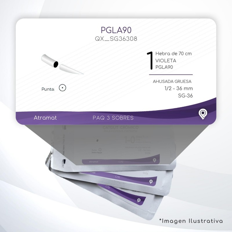 SG36308 1 Aguja 1/2 - 36 mm  AHUSADA GRUESA  SG-36 Hebra de 70 cm Cirugía General