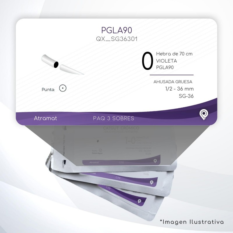 SG36301 0 Aguja 1/2 - 36 mm  AHUSADA GRUESA  SG-36 Hebra de 70 cm Cirugía General