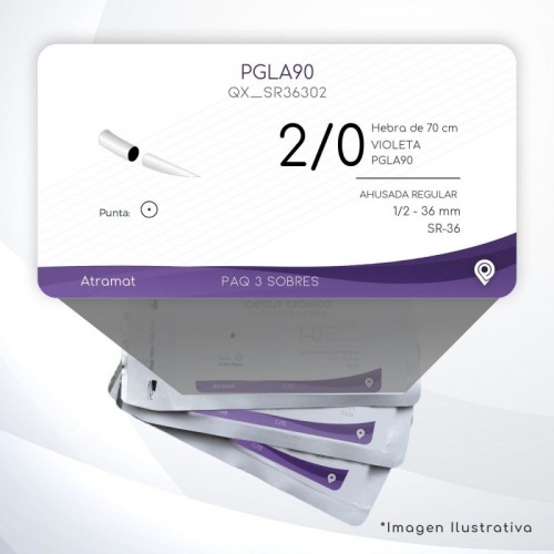 SR36302 2/0 Aguja 1/2 - 36 mm  AHUSADA REGULAR  SR-36 Hebra de 70 cm Cirugía General