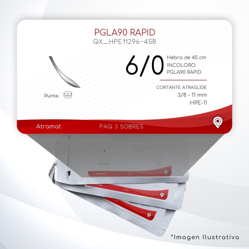 HPE11296-45B 6/0 Aguja 3/8 - 11 mm  CORTANTE ATRAGLIDE HPE-11 Hebra de 45 cm Tejidos que cicatrizan rápidamente C/3 piezas
