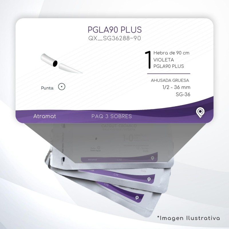 SG36288-90 1 Aguja 1/2 - 36 mm  AHUSADA GRUESA  SG-36 Hebra de 90 cm Cirugía General
