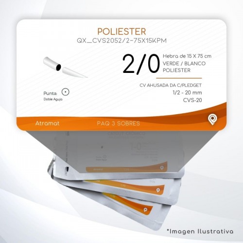 CVS2052/2-75X15KPM 2/0 Aguja 1/2 - 20 mm Doble Aguja CV AHUSADA  DA C/Pledget CVS-20 Hebra de 15 X 75 cm Cirugía Cardiovascular