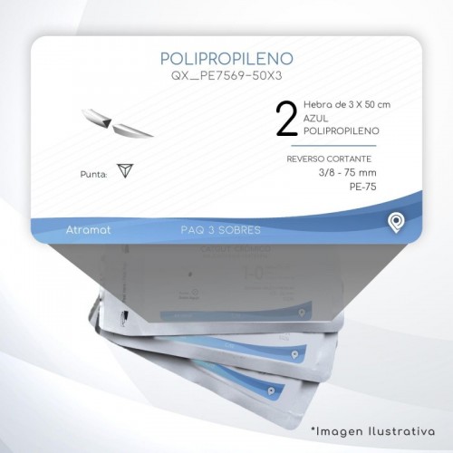 PE7569-50X3 2 Aguja 3/8 - 75 mm  REVERSO CORTANTE   PE-75 Hebra de 3 X 50 cm Cirugía Cardiovascular