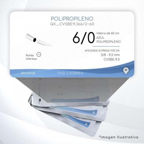 CVSBE9.366/2-60 6/0 Aguja 3/8 - 9.3 mm Doble Aguja CV AHUSADA SUPRAGLYDE DA CVSBE-9.3 Hebra de 60 cm Cirugía Cardiovascular