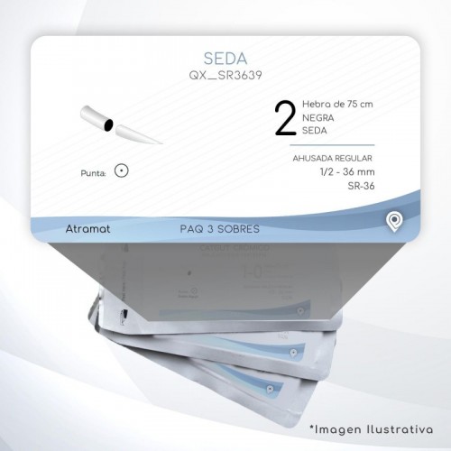 SR3639 2 Aguja 1/2 - 36 mm  AHUSADA REGULAR  SR-36 Hebra de 75 cm Cirugía General