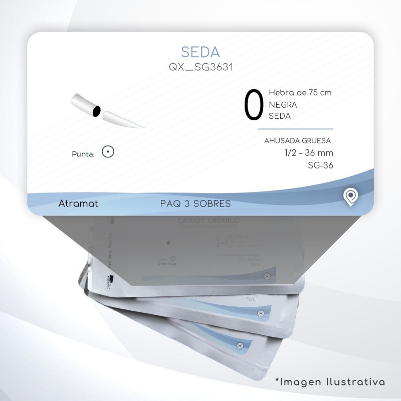 SG3631 0 Aguja 1/2 - 36 mm  AHUSADA GRUESA  SG-36 Hebra de 75 cm Cirugía General