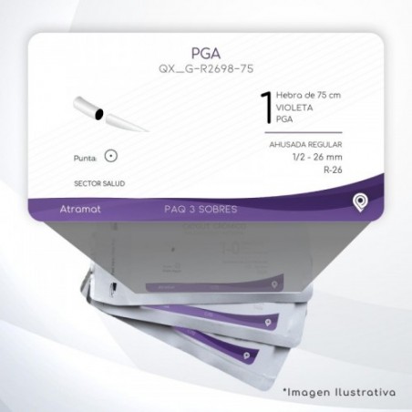 G-R2698-75 1 Aguja 1/2 - 26 mm  AHUSADA REGULAR R-26 Hebra de 75 cm Cirugía General