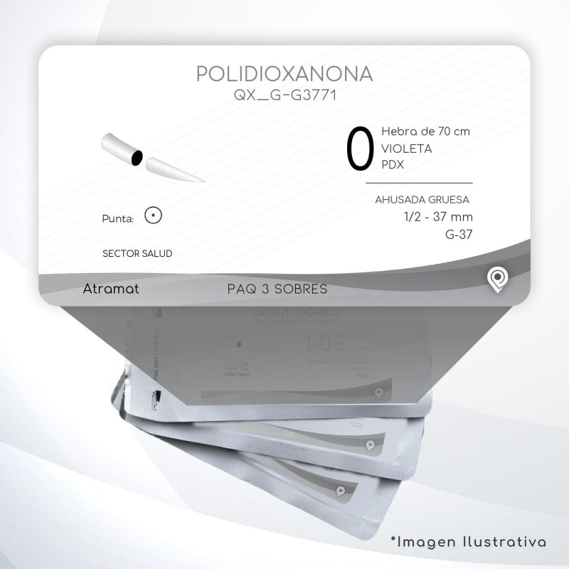 G-G3771 0 Aguja 1/2 - 37 mm  AHUSADA GRUESA  G-37 Hebra de 70 cm Tejidos difícil cicatrización C/3 piezas