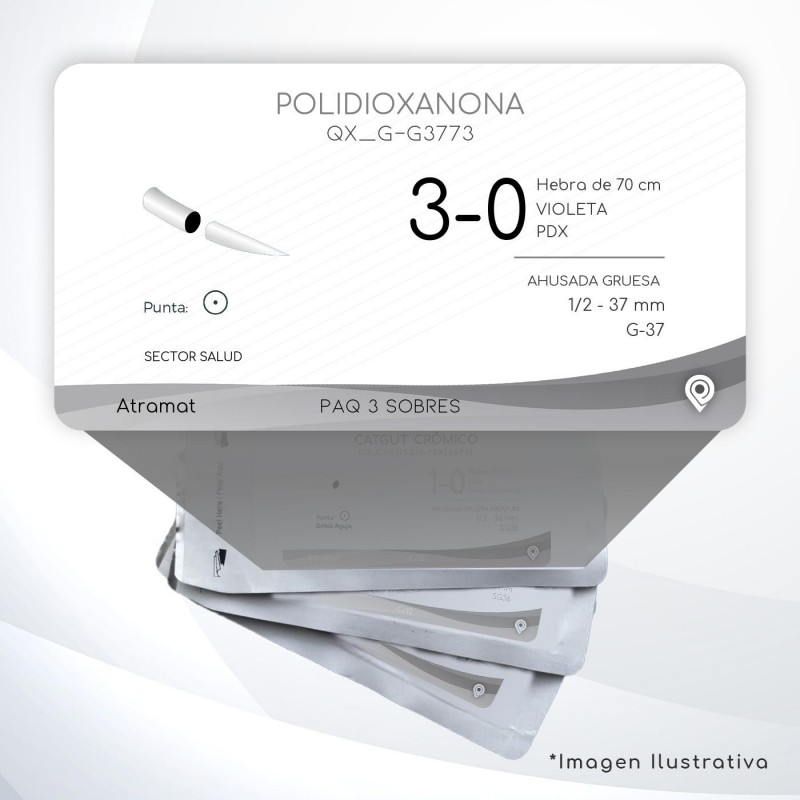 G-G3773 3-0 Aguja 1/2 - 37 mm  AHUSADA GRUESA  G-37 Hebra de 70 cm Tejidos difícil cicatrización C/3 piezas