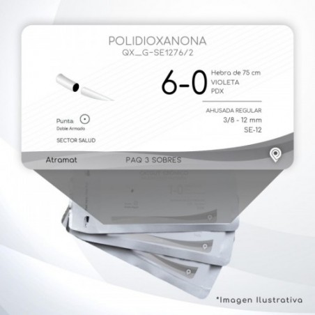 G-SE1276/2 6-0 Aguja 3/8 - 12 mm Doble Armado AHUSADA REGULAR SE-12 Hebra de 75 cm Tejidos difícil cicatrización C/3 piezas