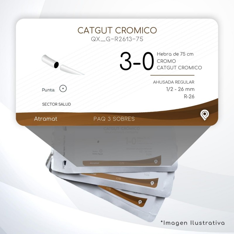 G-R2613-75 3-0 Aguja 1/2 - 26 mm  AHUSADA REGULAR R-26 Hebra de 75 cm Cirugía General