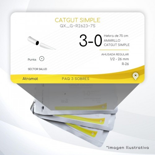 G-R2623-75 3-0 Aguja 1/2 - 26 mm  AHUSADA REGULAR R-26 Hebra de 75 cm Cirugía General C/3 piezas