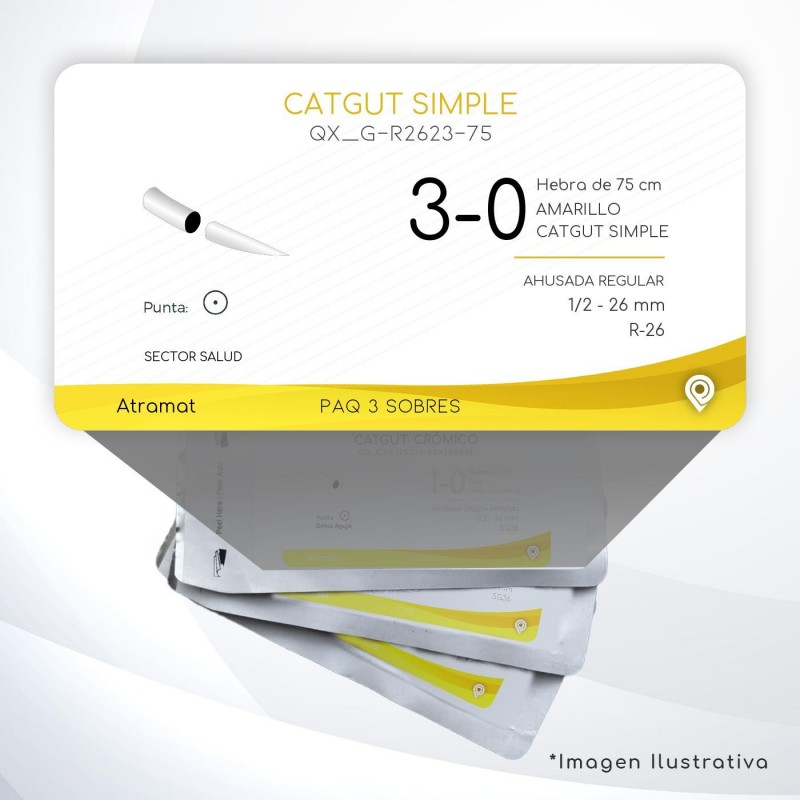 G-R2623-75 3-0 Aguja 1/2 - 26 mm  AHUSADA REGULAR R-26 Hebra de 75 cm Cirugía General C/3 piezas