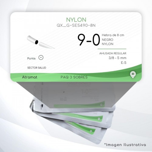 G-SE5490-8N 9-0 Aguja 3/8 - 5 mm  AHUSADA REGULAR E-5 Hebra de 8 cm Cirugía General