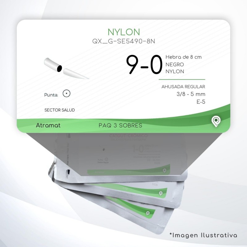 G-SE5490-8N 9-0 Aguja 3/8 - 5 mm  AHUSADA REGULAR E-5 Hebra de 8 cm Cirugía General