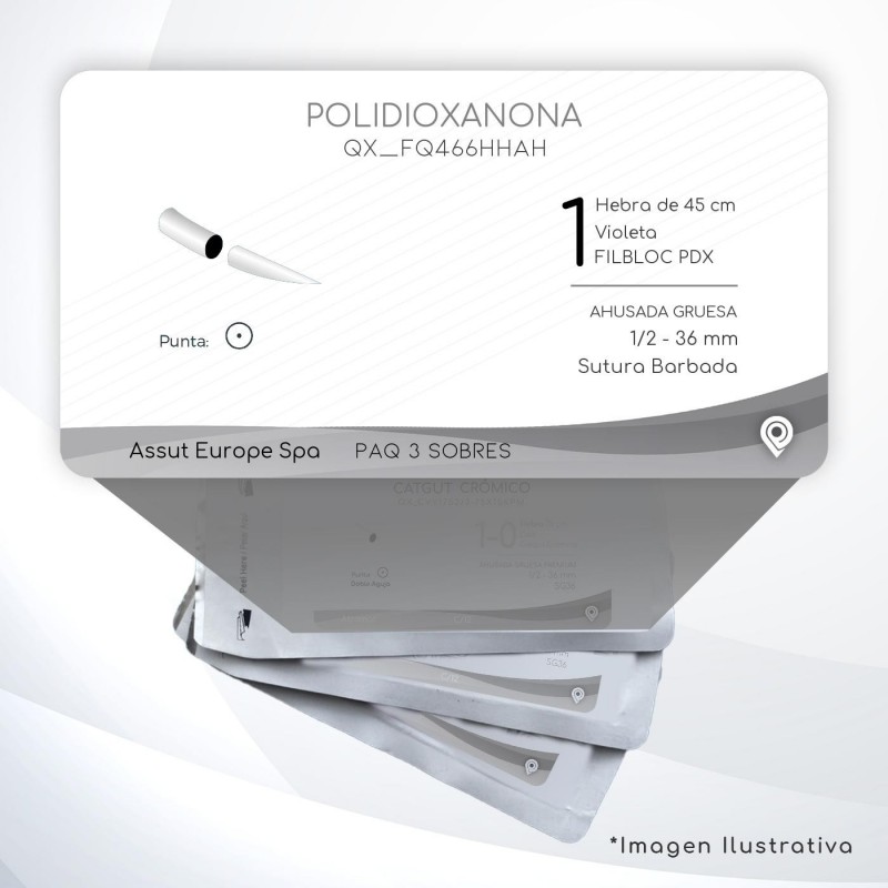 FQ466HHAH POLIDIOXANONA 1 Aguja 1/2 - 36 mm  AHUSADA GRUESA Sutura Barbada Hebra de 45 cm Uso: Cirugía General C/3 piezas