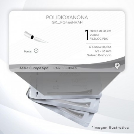 FQ466HHAH POLIDIOXANONA 1 Aguja 1/2 - 36 mm  AHUSADA GRUESA Sutura Barbada Hebra de 45 cm Uso: Cirugía General C/3 piezas