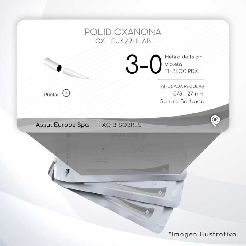FU429HHAB POLIDIOXANONA 3-0 Aguja 5/8 - 27 mm  AHUSADA REGULAR Sutura Barbada Hebra de 15 cm Uso: Urología
