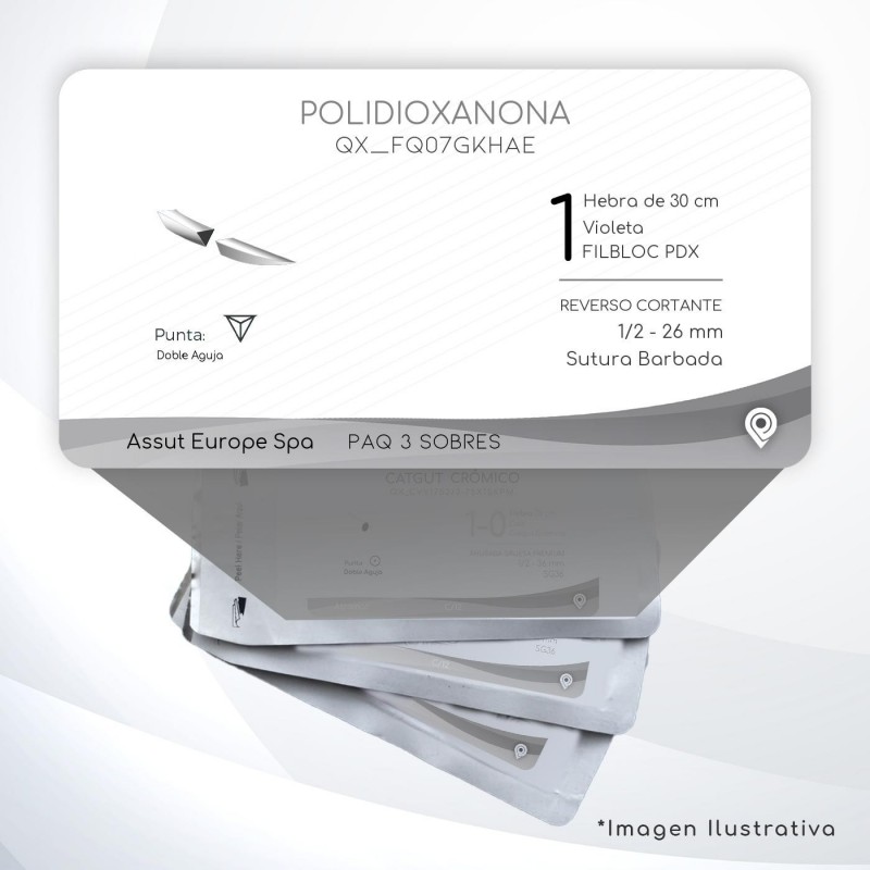 FQ07GKHAE POLIDIOXANONA 1 Aguja 1/2 - 26 mm Doble Aguja REVERSO CORTANTE Sutura Barbada Hebra de 30 cm Uso: Cirugía General
