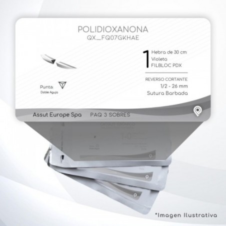 FQ07GKHAE POLIDIOXANONA 1 Aguja 1/2 - 26 mm Doble Aguja REVERSO CORTANTE Sutura Barbada Hebra de 30 cm Uso: Cirugía General