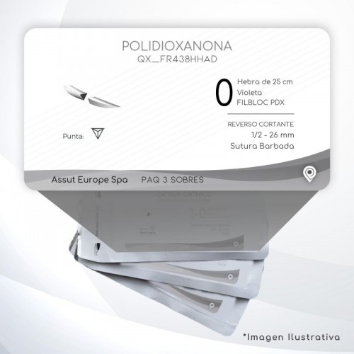 FR438HHAD POLIDIOXANONA 0 Aguja 1/2 - 26 mm  REVERSO CORTANTE Sutura Barbada Hebra de 25 cm Uso: Cirugía General C/3 piezas