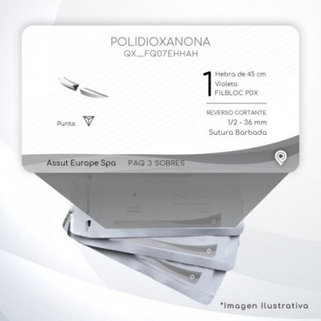FQ07EHHAH POLIDIOXANONA 1 Aguja 1/2 - 36 mm  REVERSO CORTANTE Sutura Barbada Hebra de 45 cm Uso: Cirugía General C/3 piezas