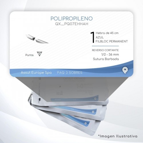PQ07EHHAH POLIPROPILENO 1 Aguja 1/2 - 36 mm  REVERSO CORTANTE Sutura Barbada Hebra de 45 cm Uso: Cirugía General C/3 piezas