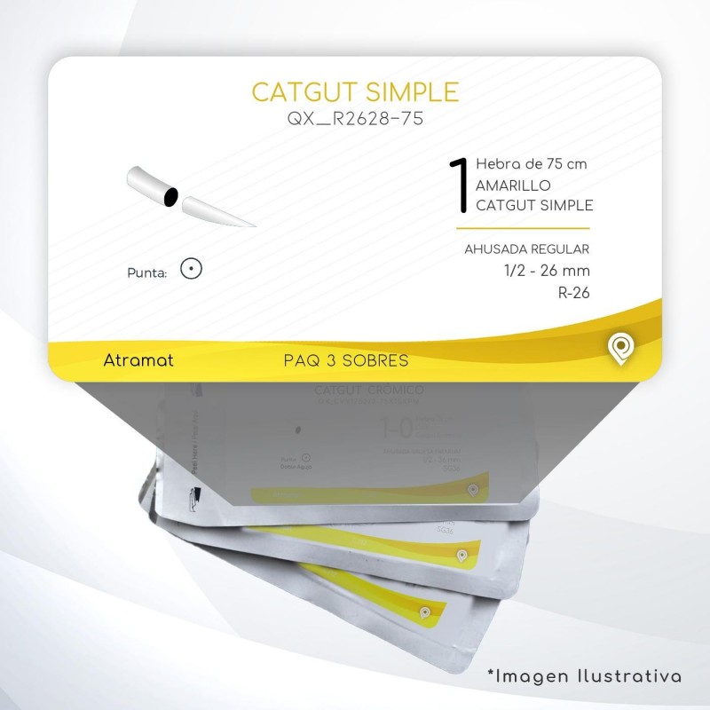 R2628-75 1 Aguja 1/2 - 26 mm  AHUSADA REGULAR SR-26 Hebra de 75 cm Cirugía General C/3 piezas