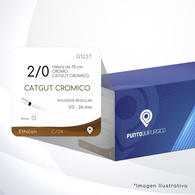 G123T 2/0 Aguja 1/2 - 26 mm  AHUSADA REGULAR SR-26 Hebra de 75 cm Cirugía General