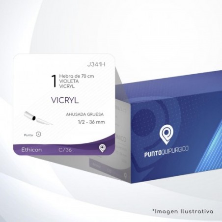 J341H 1 Aguja 1/2 - 36 mm  AHUSADA GRUESA  SG-36 Hebra de 70 cm Cirugía General