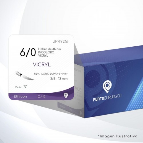 JP492G 6/0 Aguja 3/8 - 13 mm  REVERSO CORTANTE SUPRA-SHARP P-PE-13 Hebra de 45 cm Cirugía General