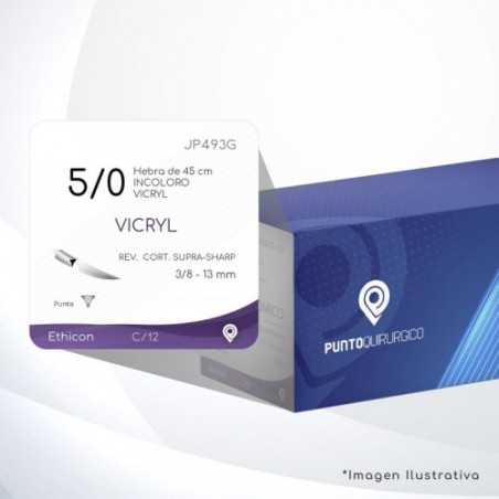 JP493G 5/0 Aguja 3/8 - 13 mm  REVERSO CORTANTE SUPRA-SHARP P-PE-13 Hebra de 45 cm Cirugía General