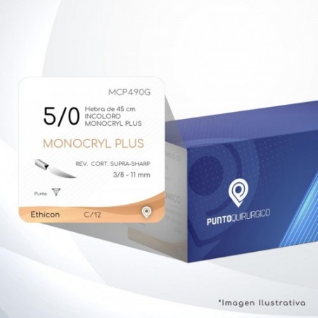 MCP490G 5/0 Aguja 3/8 - 11 mm  REVERSO CORTANTE SUPRA-SHARP P-PE-11 Hebra de 45 cm Tejidos cicatrizan Medianamente C/12