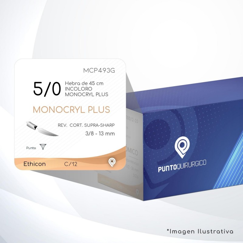 MCP493G 5/0 Aguja 3/8 - 13 mm  REVERSO CORTANTE SUPRA-SHARP P-PE-13 Hebra de 45 cm Tejidos cicatrizan Medianamente C/12